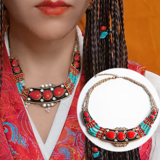 Hair Ornament Headwear Alloy Tibetan Necklace Ethnic Style Fresh Gold-Plated Oil Drop Color Glaze Set Pendant Silver Gold Red Green