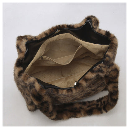 Retro Leopard Print Furry Tote Shoulder Bag