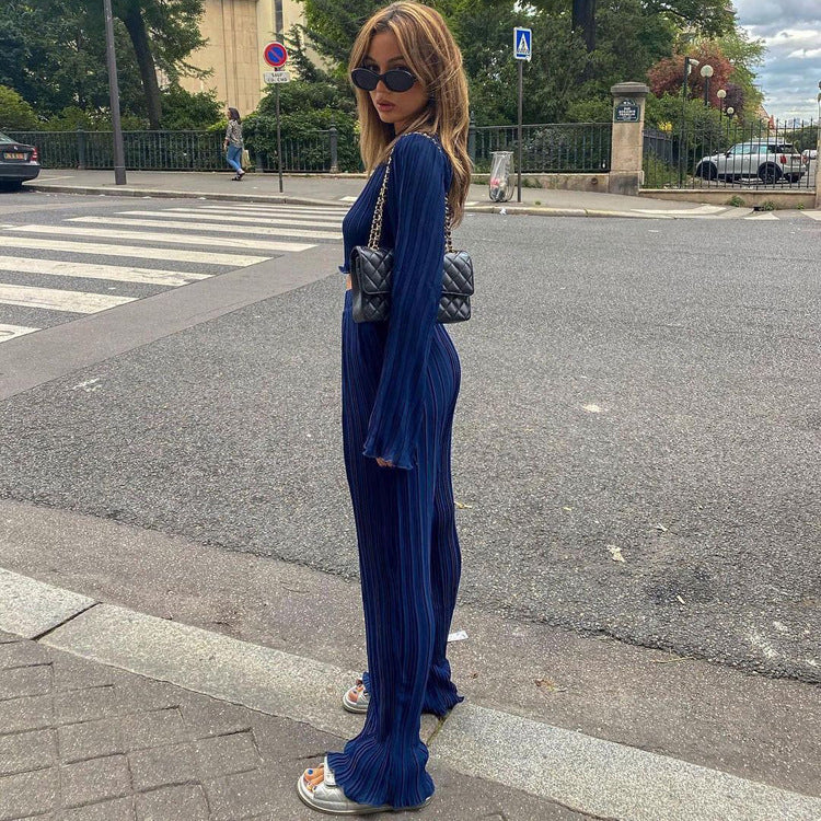 Chic Long Sleeve T-Shirt and Pleated Wide Leg Pants Set