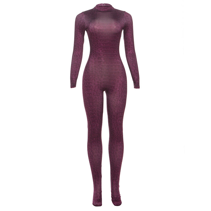 Fashionable High Neck Long Sleeve Bodysuit With Print