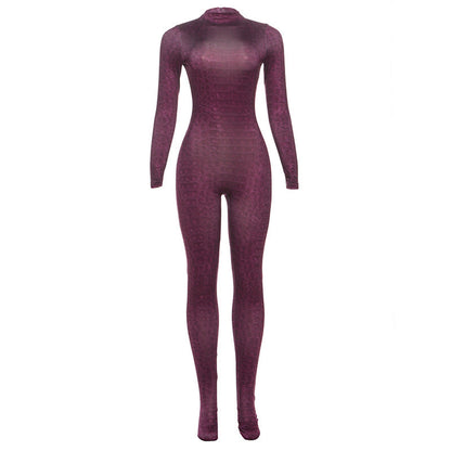Fashionable High Neck Long Sleeve Bodysuit With Print
