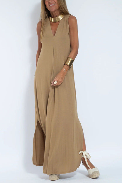 Solid Color V-Neck Maxi Dress and Cardigan Set for Women