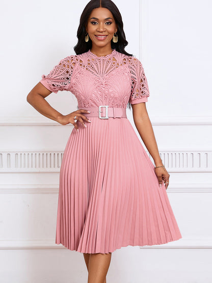 Elegant Lace Trim Short Sleeve A-Line Dress