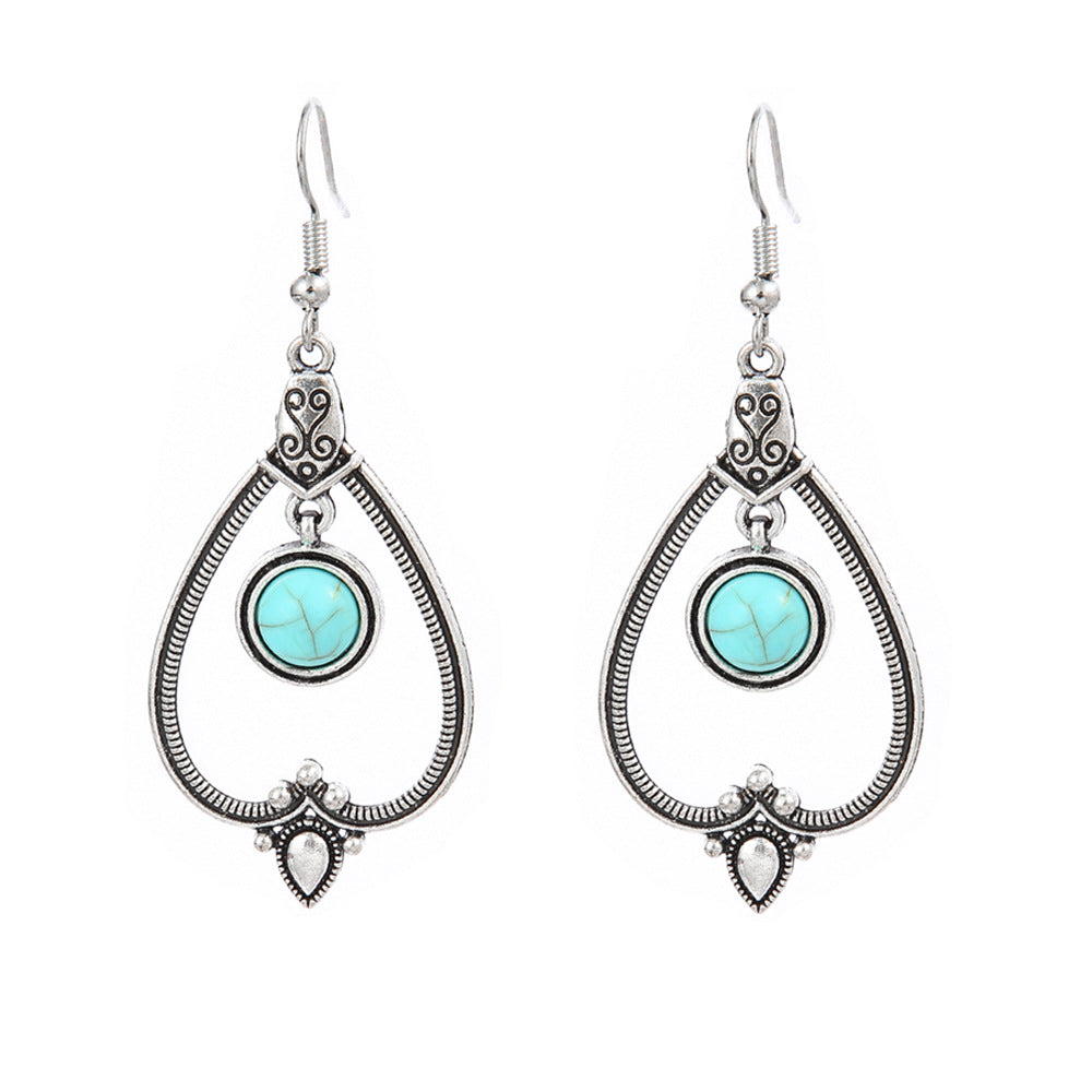 Simple Tribal Flower Teardrop Circle Turquoise Earring Set