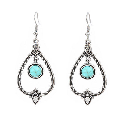 Simple Tribal Flower Teardrop Circle Turquoise Earring Set