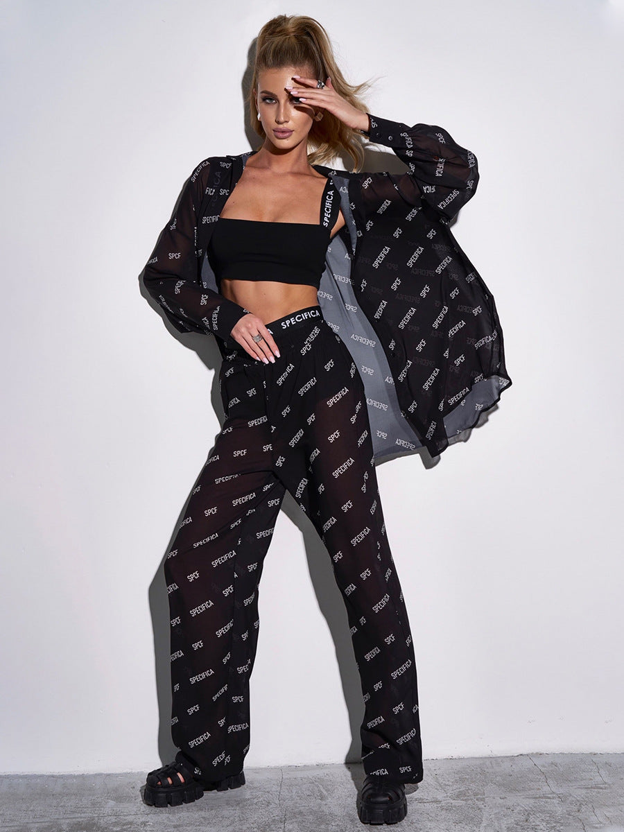 Floral Print Chiffon Long Pants Set Women's Casual Outfit