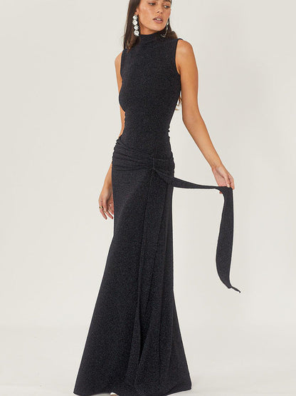 Elegant High Neck Sleeveless Dress with Sequins