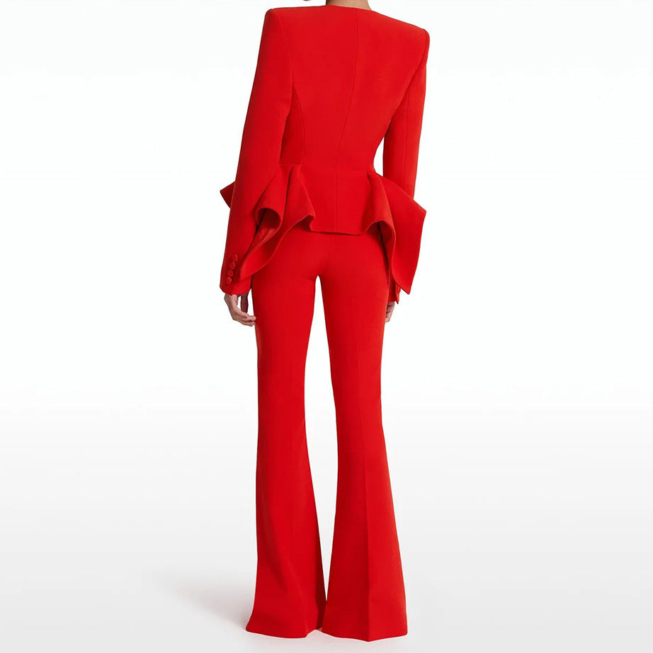 Stylish Ruffled Top Jacket And Flared Pants Set