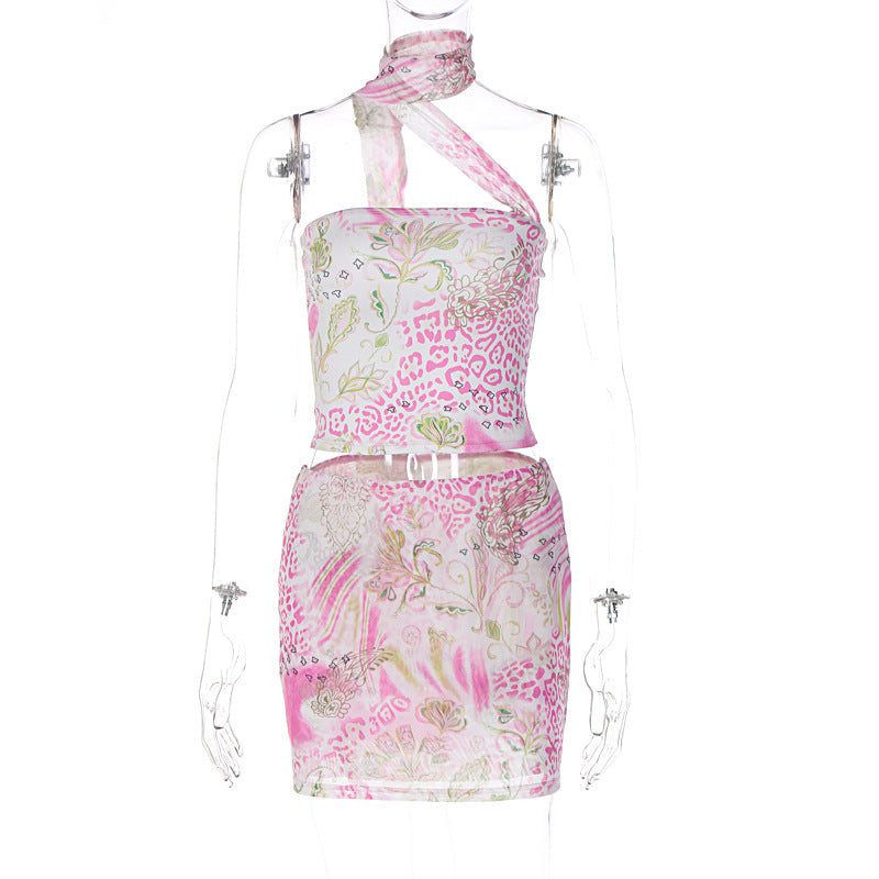 Trendy Pink Floral Print Crop Top And Skirt Set