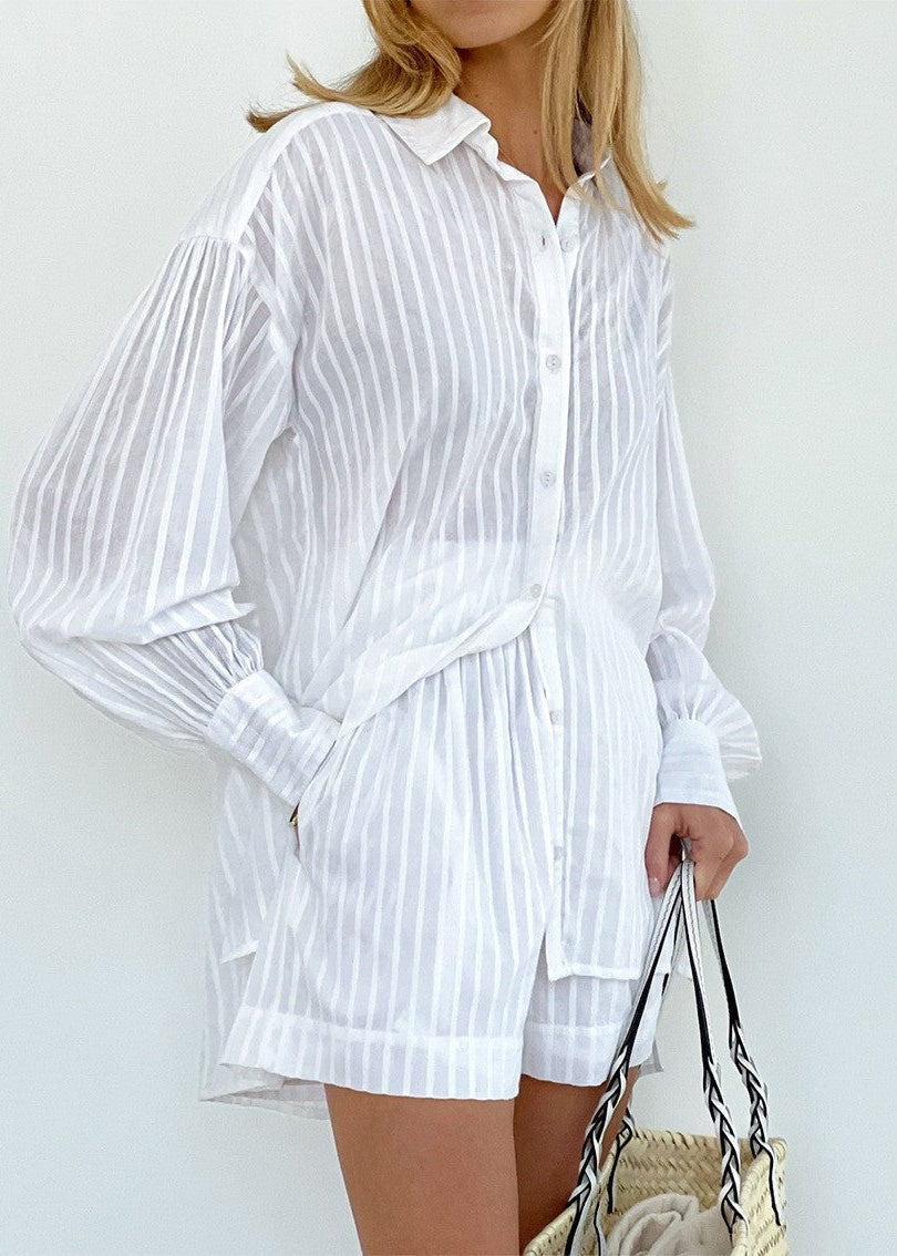 Striped Cotton Shirt And Shorts Set White