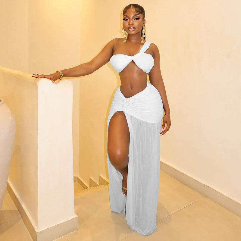 Solid Color Two-Piece Crop Top Skirt Set For Women