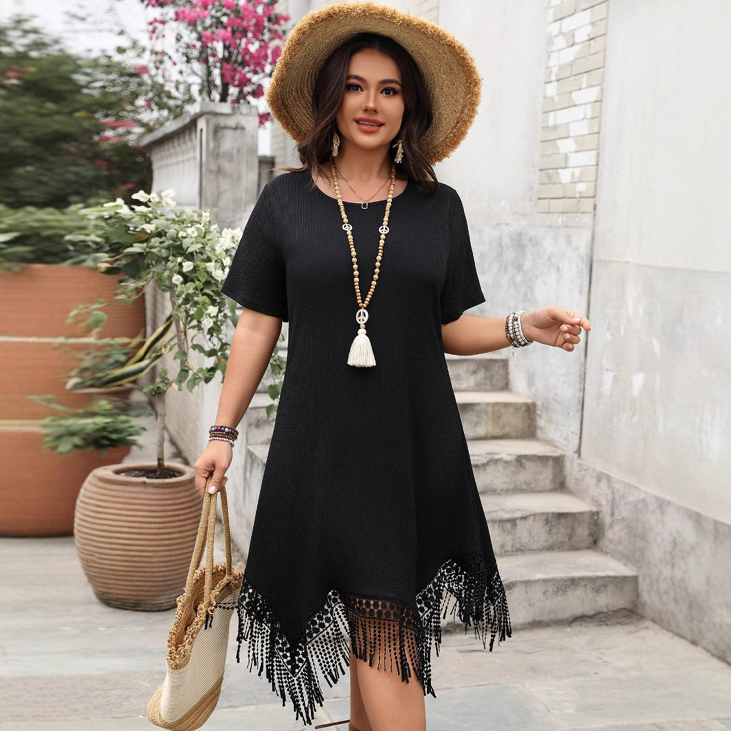 Black A-Line Dress With Fringe Elegant Casual Dress