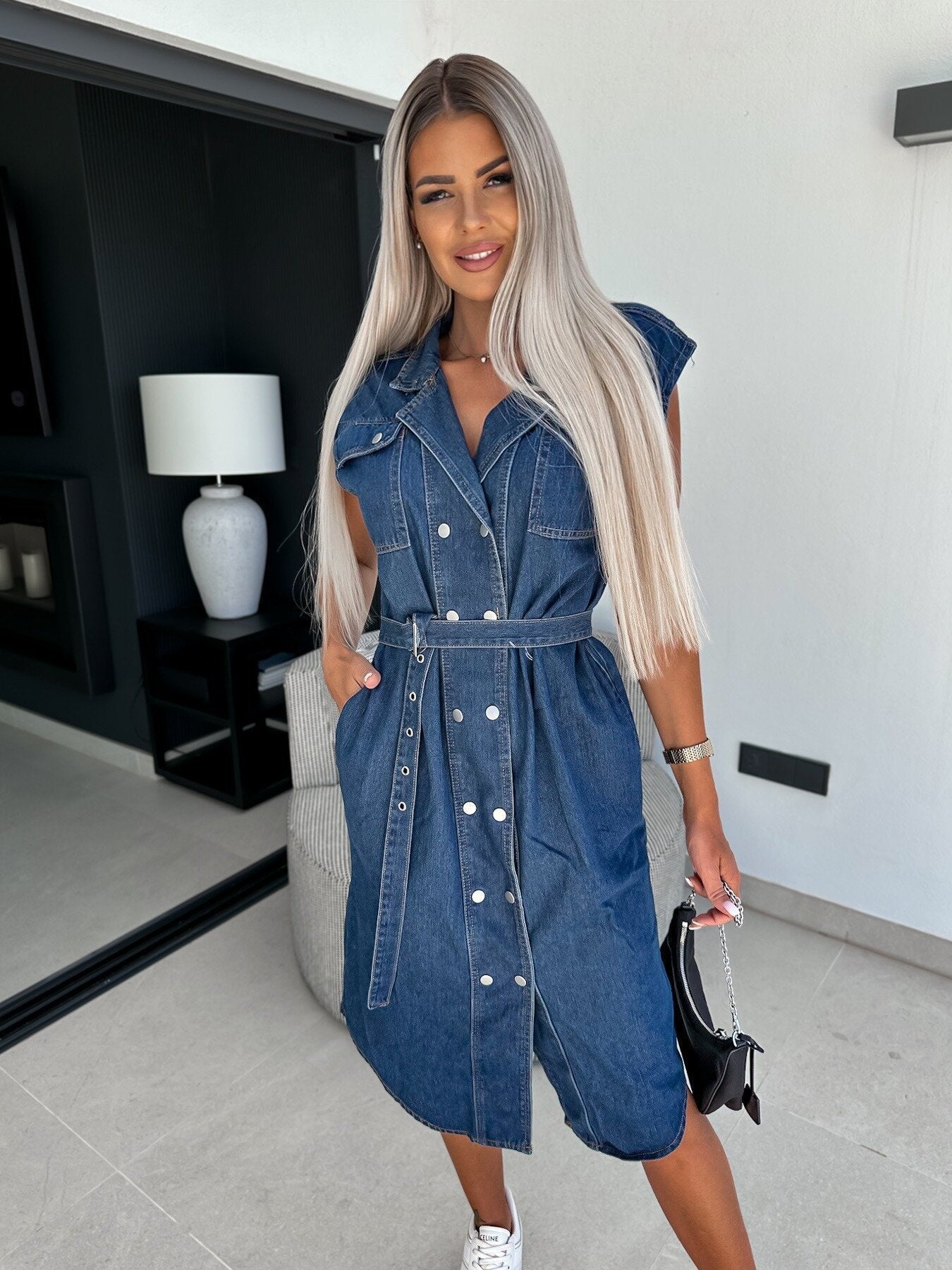Casual Sleeveless Denim Dress with Polo Collar and Waist Tie