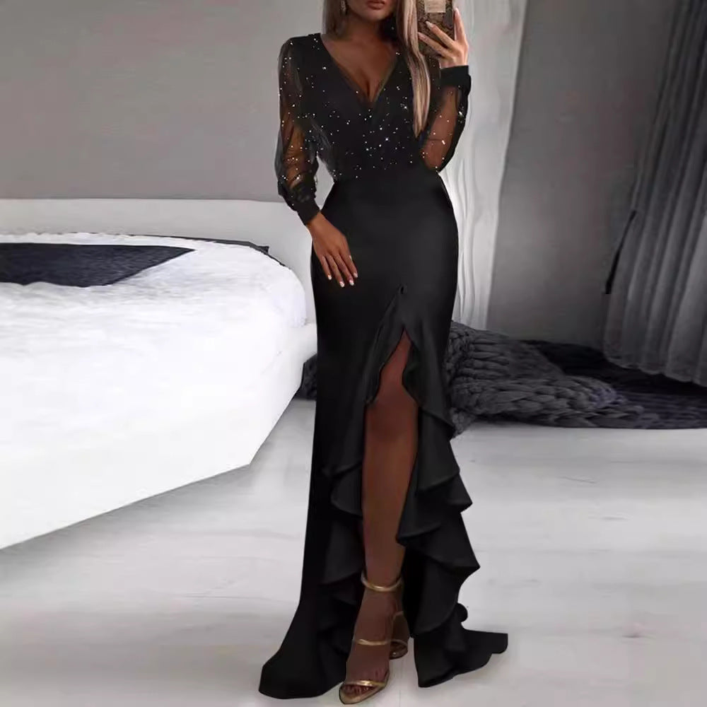 Elegant Black Midi Dress With Sheer Sequin Overlay