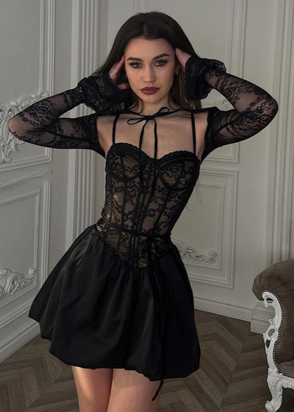 Black Lace Corset Mini Dress With Bubble Skirt