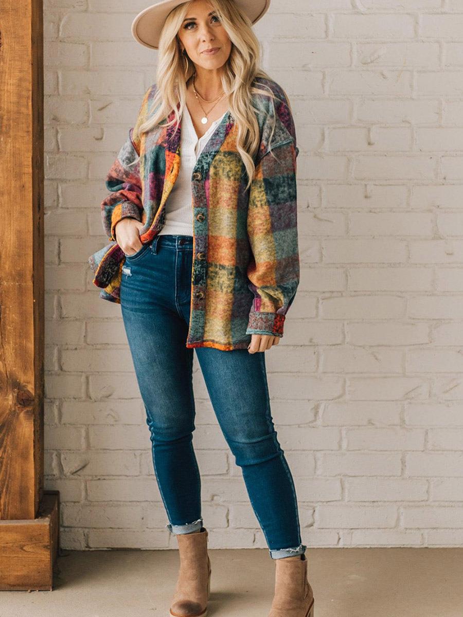 Autumn New Fleece Warm Jacket For Women Multi-Color Plaid Loose Jacket