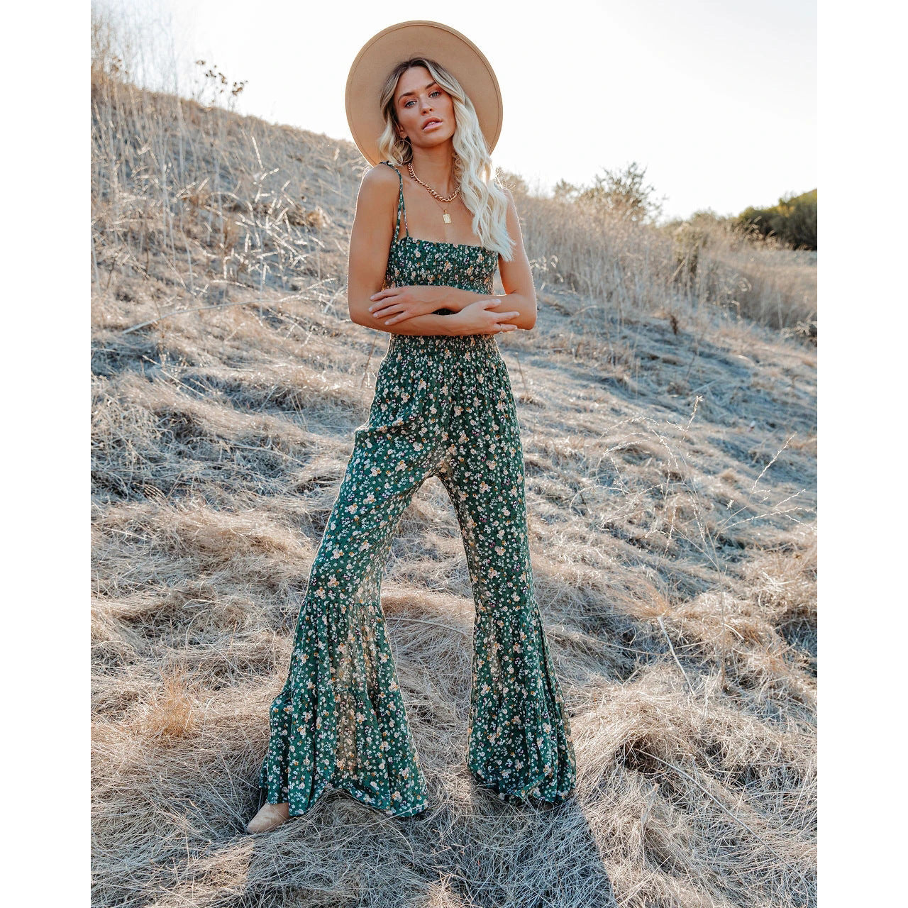 Small Floral Sexy Suspender Jumpsuit Home Flared Pants Jumpsuit