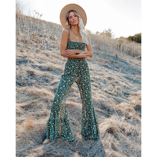Small Floral Sexy Suspender Jumpsuit Home Flared Pants Jumpsuit