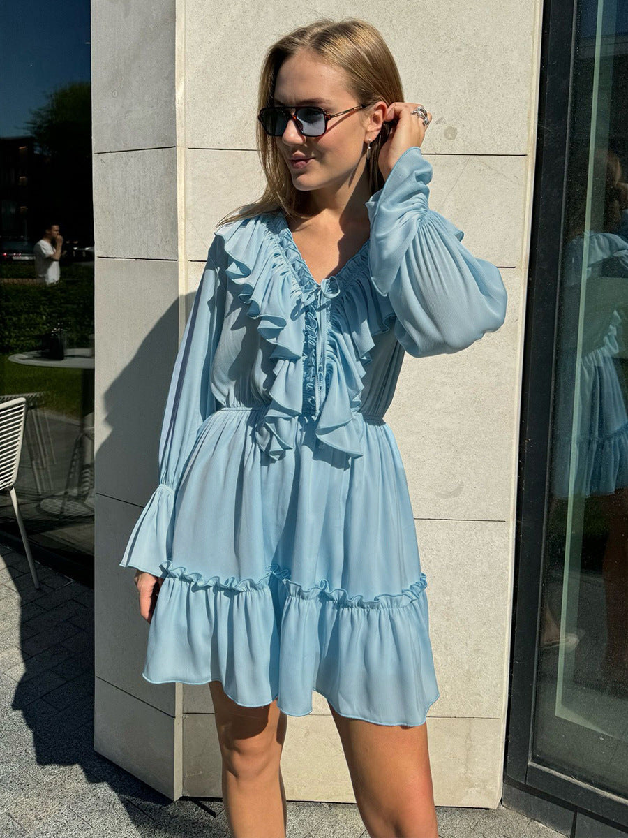 V-Neck Flare Sleeve Chiffon Dress Casual Elegant Short Dress