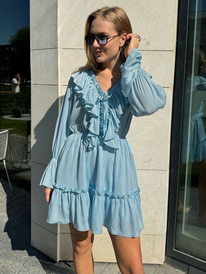 V-Neck Flare Sleeve Chiffon Dress Casual Elegant Short Dress