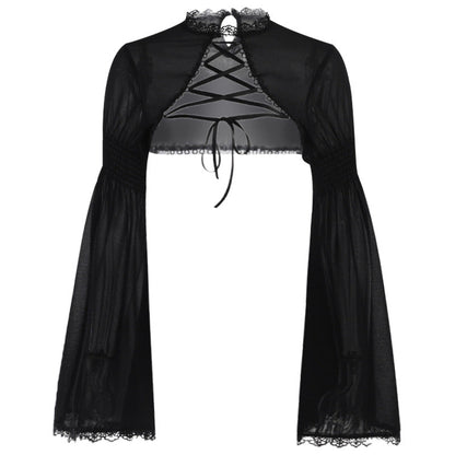 Gothic Lace Overlay Black Button-Up Top for Women