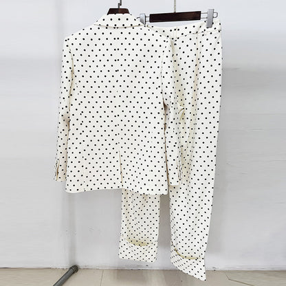 Polka Dot Blazer And Trousers Set With Bow Decoration