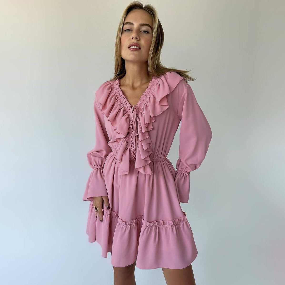 V-Neck Flounce Solid Color Mini Dress