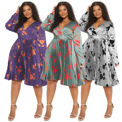 Floral Print Pleated Dress With Deep V Neck For Elegant Casual Style