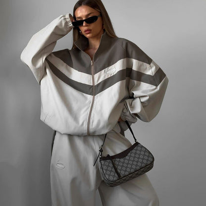 American Street Style Color-Block Sports Jacket and Pants Set