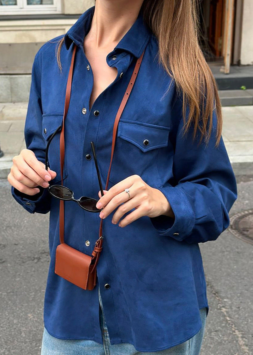 Oversized Suede Button Up Shirt Navy