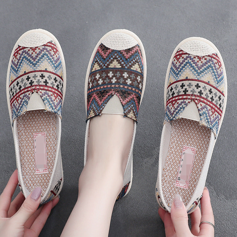 Ethnic Stripe Cloth Shoes Breathable Flat Sole Women'S Single Shoes With One Step Lazy Canvas Shoes
