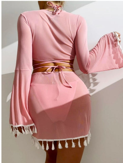 New Conservative Four Piece Set Solid Color Tassel Top, Mesh Short Skirt, Bikini For Women