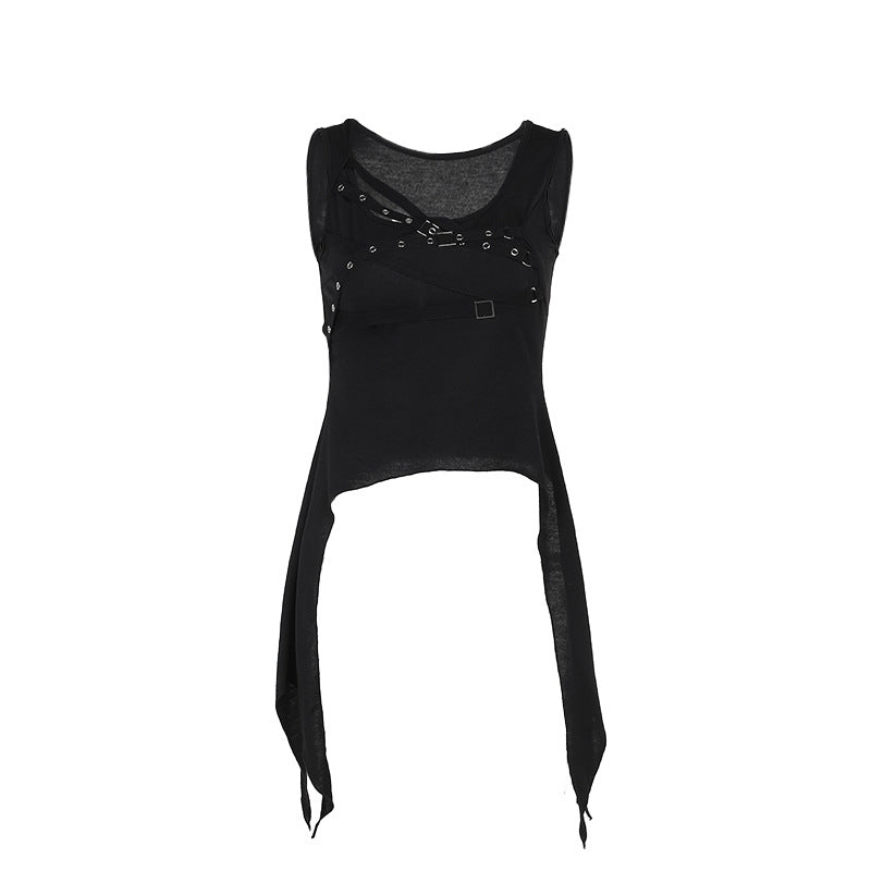 Trendy Black Irregular Eyelet Tank Top for Street Style