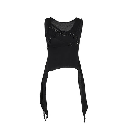 Trendy Black Irregular Eyelet Tank Top for Street Style