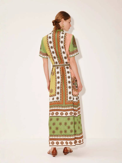 Elegant Floral Linen Midi Dress with Waist Tie