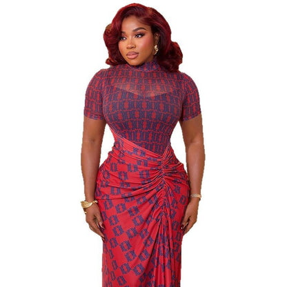 Form-Fitting High Neck Sheer Bodycon Dress With Floral Print