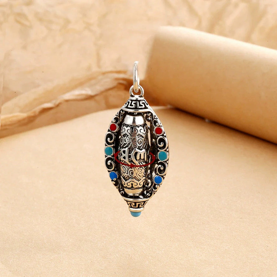 S925 Silver-Plated Rotating Six-Character Mantra Sutra Pendant, Men'S And Women'S Tibetan Style Retro And Old Necklace