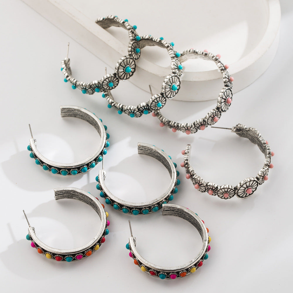 Exaggerated C-Shaped Earrings with Turquoise Accent