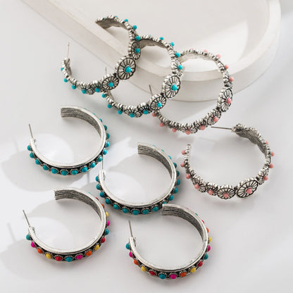 Exaggerated C-Shaped Earrings with Turquoise Accent