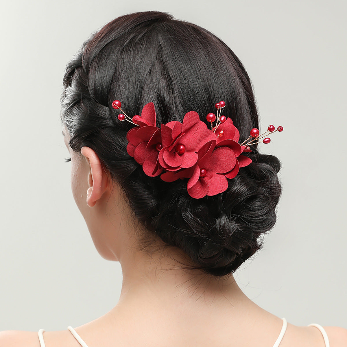 Bridal Red Flower Fabric Pearl Hair Comb Wedding Accessory