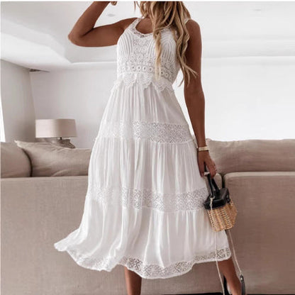 Elegant Lace High-Waisted Flared Midi Dress