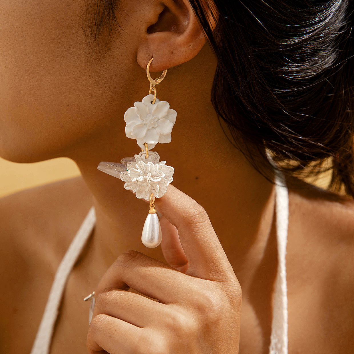Fresh Camellia Drop Earrings With Imitation Pearls