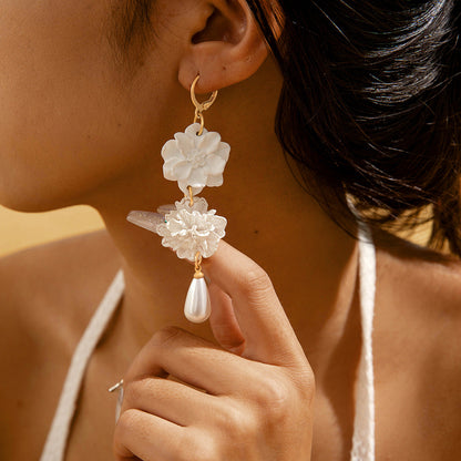 Fresh Camellia Drop Earrings With Imitation Pearls