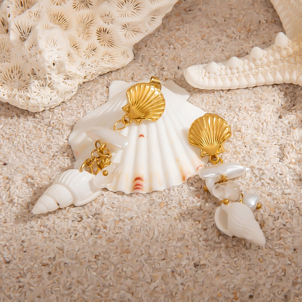 Shell Inspired Geometric Stainless Steel Pearl Earrings for Elegant Casual Wear