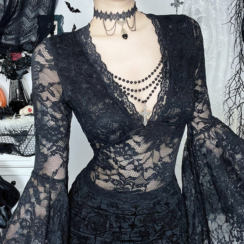 Black Lace V-Neck Top with Beaded Chain For Women