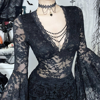 Black Lace V-Neck Top with Beaded Chain For Women