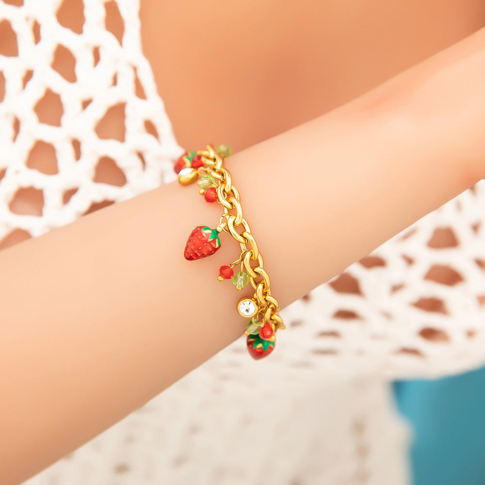 Strawberry Pendant Stainless Steel Bracelet Elegant DIY Jewelry
