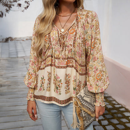 Bohemian Print Long Sleeve Cotton Blouse for Women