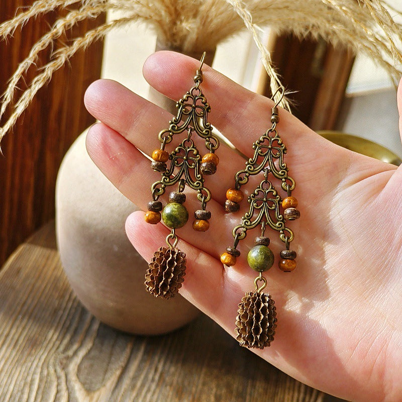 Vintage-Inspired Bohemian Hollow Bead Earrings with Natural Dried Fruits