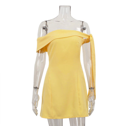 Off-Shoulder Short Mini Dress Trendy Yellow A-Line Dress